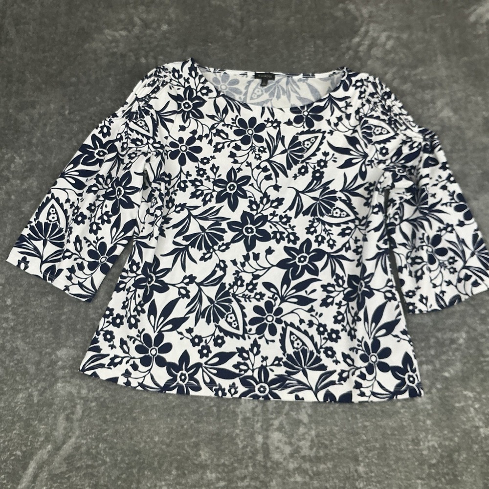 Talbots Womens White Blue Floral Print Long Sleeve Blouse Size Large